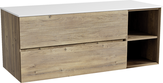 Storke Edge zwevend badmeubel 130 x 52 cm ruw eiken met Tavola enkel of dubbel wastafelblad in solid surface mat wit