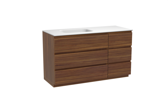 Balmani Lucida freistehendes Möbelstück Set: 135 x 55 cm, Amerikanischer Nussbaum, mit Tablo Arcato Waschtisch links, Solid Surface Weiß matt