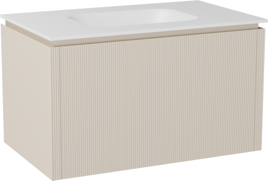 Balmani Eclips zwevend badkamermeubel 90 x 55 cm Sandbeige met Tablo Arcato enkele wastafel in Solid Surface mat wit, Verticale symmetrische rechte ribbel