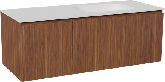Balmani Sfera hängendes Möbelstück Set: 135 x 55 cm, Amerikanischer Nussbaum, mit Tablo Arcato Waschtisch rechts, Solid Surface Weiß matt