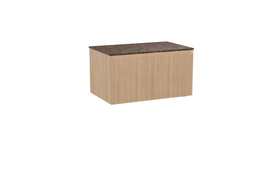 Balmani Fila hängendes Möbelstück Set: 90 x 55 cm, Naturbelassene Eiche, mit Stretto Einzel Waschtischplatte, Marmor, Dark Emperador, Vertikale symmetrische gerade Rippe