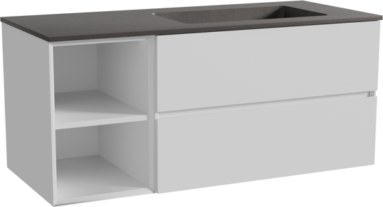Storke Edge zwevend badmeubel 120 x 52 cm mat wit met Scuro asymmetrisch rechtse wastafel in kwarts mat zwart