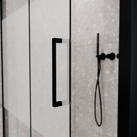 Balmani Senses Design douchehoek met linkse schuifdeur en vaste zijwand, 120 x 90 cm, Helder glas met matte strook, Mat zwart profielen, met coating