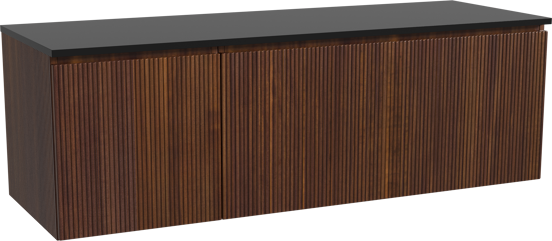 Storke Ribs zwevend badkamermeubel 150 x 52 cm notelaar met Panton enkel of dubbel tablet in gepoedercoate mdf mat zwart, Verticale symmetrische rechte ribbel