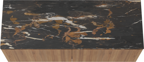 Balmani Eclips meuble salle de bains suspendu 150 x 55 cm Teck avec Stretto tablette simple ou double en Portoro Gold marbre
