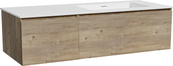 Storke Edge hängendes Möbelstück Set: 130 x 52 cm, Rohe Eiche, mit Mata Waschtisch rechts, Solid Surface Weiß matt