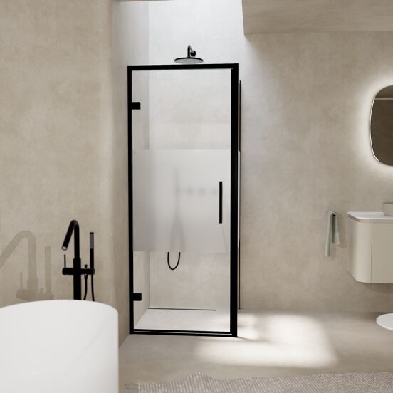 Balmani Senses Design douche en coin avec porte pivotante à gauche et paroi latérale fixe, 90 x 100 cm, Verre transparent avec bande matte, Profil noir