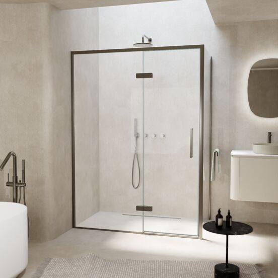 Balmani Senses Design douchehoek met linkse draaideur en vaste zijwand, 140 x 100 cm, Helder glas, Brushed GunMetal profielen, met coating