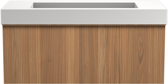 Balmani Forma zwevend badkamermeubel 120 x 55 cm teak met Modus enkele wastafel voor 2 kraangaten in solid surface mat wit, Verticale symmetrische rechte ribbel