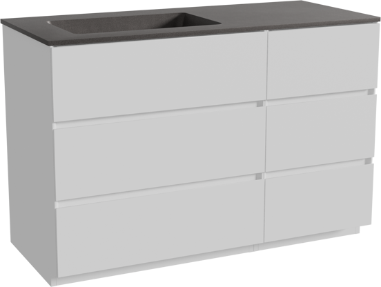Storke Edge staand badmeubel 120 x 52 cm mat wit met Scuro asymmetrisch linkse wastafel in kwarts mat zwart