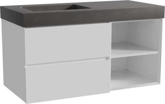 Storke Edge meuble salle de bains suspendu 110 x 52 cm blanc brillant avec Scuro High vasque asymétrique gauche en quartz noir mat