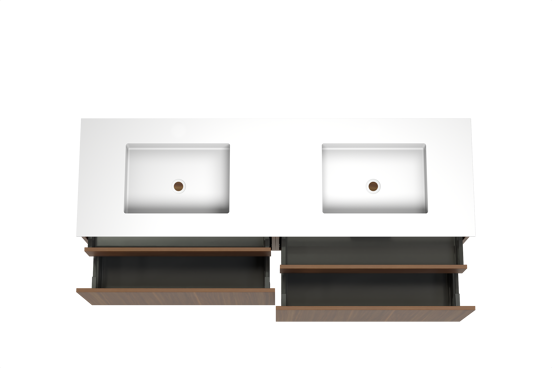 Balmani Sfera hängendes Möbelstück Set: 180 x 55 cm, Amerikanischer Nussbaum, mit Tablo Stretto Doppelwaschtisch, Solid Surface Weiß matt
