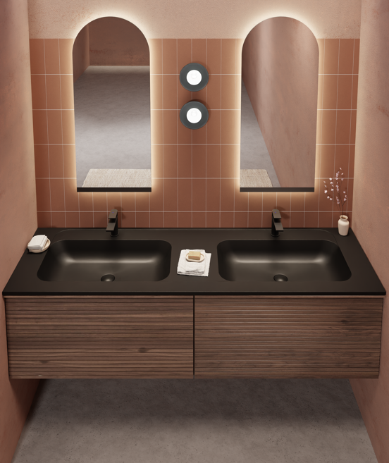 Balmani Forma zwevende wastafelonderkast 90 x 55 cm Amerikaans notenhout 2 lades horiz. sym. groef