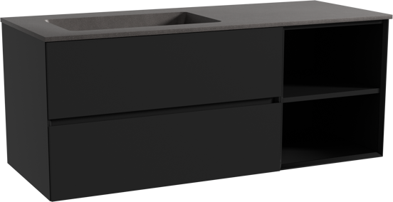 Storke Edge zwevend badmeubel 130 x 52 cm mat zwart met Scuro asymmetrisch linkse wastafel in kwarts mat zwart