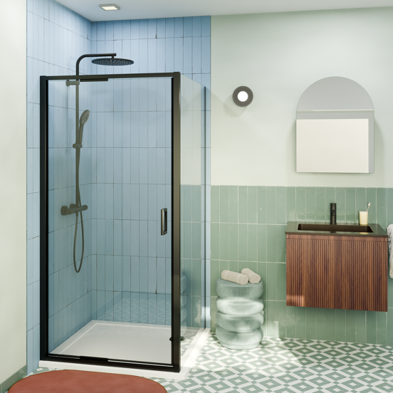 Luca Varess Vidor In Eckdusche: Drehtür und fixierte, Seitenwand, 100 x 80 cm, Klarglas, mattschwarzes Profil