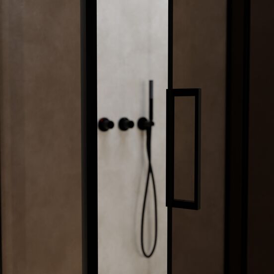 Balmani Senses Design douchecabine met rechtse draaideur en vaste zijwand, 100 x 80 cm, Brons, Zwarte profielen