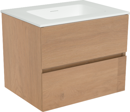 Storke Edge zwevend badkamermeubel 60 x 46 cm ruwe eik met Mata enkele wastafel in solid surface mat wit