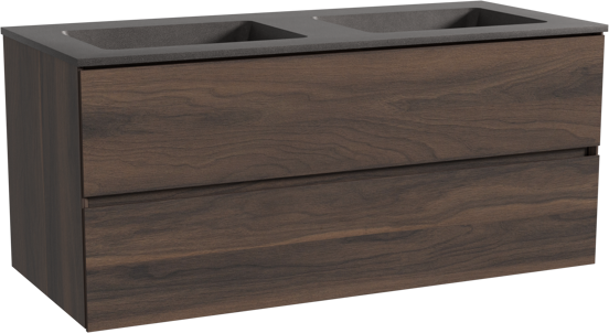 Storke Edge meuble salle de bains suspendu 120 x 52 cm noyer avec Scuro double vasque en quartz noir mat