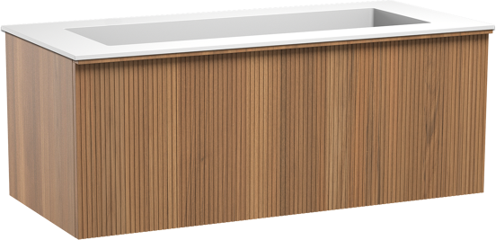 Balmani Forma hängendes Möbelstück Set: 120 x 55 cm, Teak, mit Tablo Stretto Einzelwaschtisch für 2 Armaturenlöcher, Solid Surface, Weiß matt, Vertikale symmetrische gerade Rippe