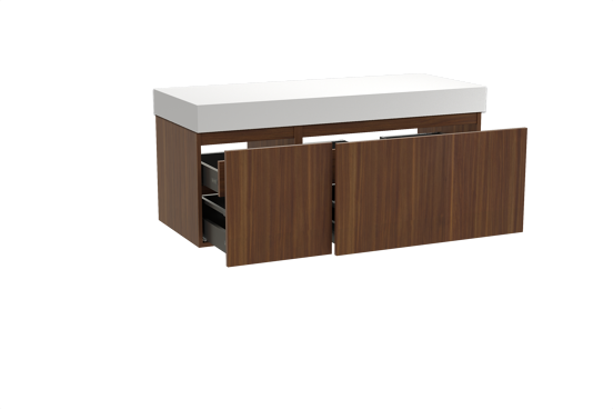 Balmani Sfera hängendes Möbelstück Set: 135 x 55 cm, Amerikanischer Nussbaum, mit Dominus Einzel- oder Doppel Waschtischplatte, Solid Surface Weiß matt