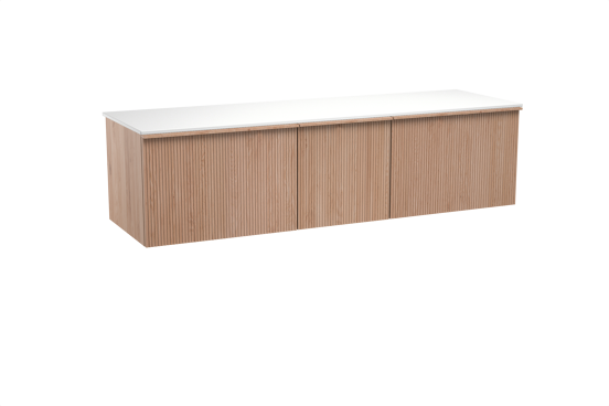 Balmani Forma zwevend badkamermeubel 180 x 55 cm natuur eik met Stretto enkel of dubbel tablet in solid surface mat wit, Verticale symmetrische rechte ribbel