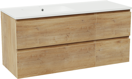 Linie Lado meuble salle de bains suspendu 120 x 46 cm chêne naturel avec Vano vasque asymétrique gauche en marbre composite blanc mat