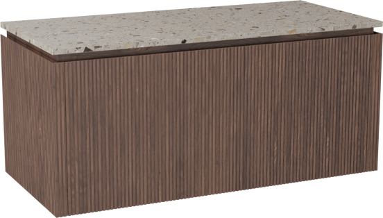 Balmani Eclips meuble salle de bains suspendu 120 x 55 cm Noyer américain avec Stretto tablette simple ou double en Terrazzo greige, Nervure droite symétrique verticale