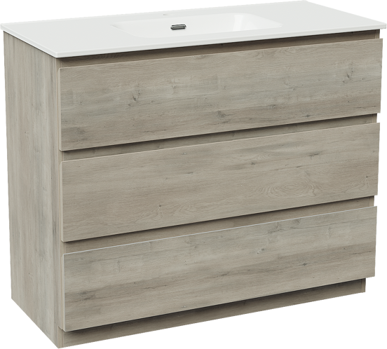 Linie Lado staand badmeubel 100 x 46 cm grijs eiken met Baro enkele wastafel in porselein hoogglans wit