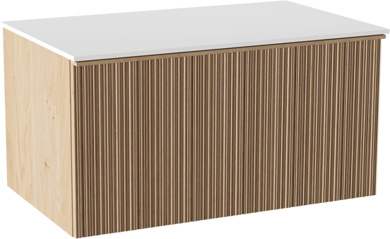 Balmani Forma zwevend badkamermeubel 90 x 55 cm natuur eik met Stretto enkel tablet in solid surface mat wit, Verticale asymmetrische ronde ribbel