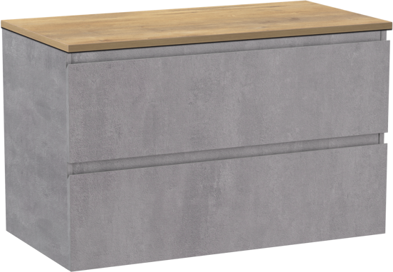 Linie Lado zwevend badmeubel 90 x 46 cm beton donkergrijs met Lado enkel wastafelblad in melamine naturel eiken