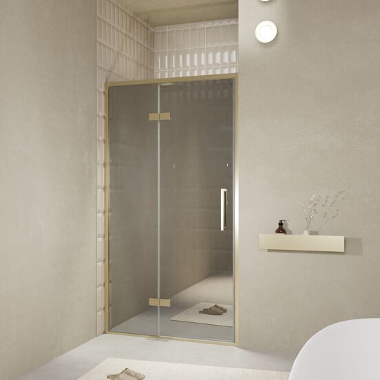 Balmani Senses Design douche draaideur links 120 cm x 210 cm Reflex spiegelglas, Brushed Champagne Gold profielen, met coating