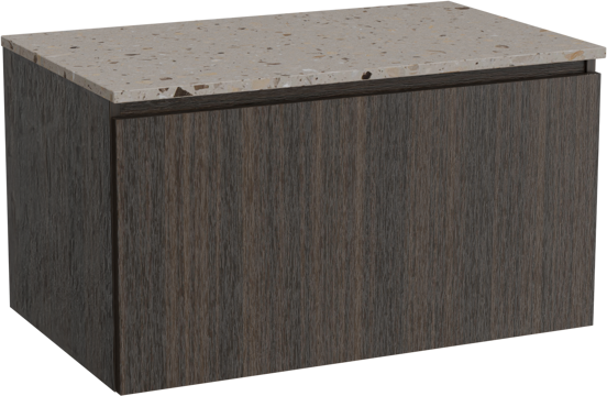 Balmani Sfera hängendes Möbelstück Set: 90 x 55 cm, Eucalyptus, mit Stretto Einzel Waschtischplatte, Terrazzo in Greige