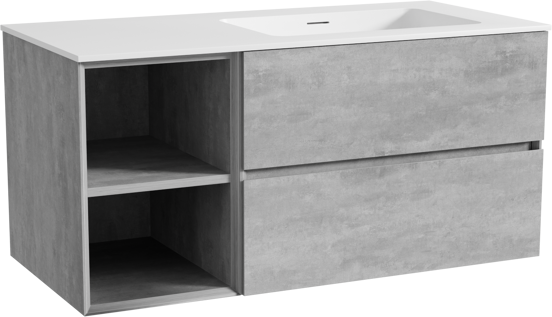 Storke Edge meuble salle de bains suspendu 110 x 52 cm béton gris foncé avec Mata plan vasque asymétrique à droite en solid surface blanc mat