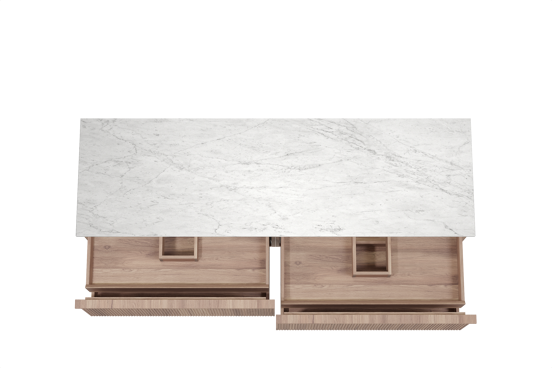 Balmani Forma hängendes Möbelstück Set: 180 x 55 cm, Teak, mit Stretto Einzel- oder Doppel Waschtischplatte, Marmor, Carrara, Vertikale symmetrische gerade Rippe