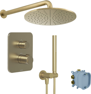 Blaufoss Smartbox Softline Thermostat-Armatur Unterputz Duschsystem mit, Rund, Duschkopf 30cm Brushed Champagne Gold