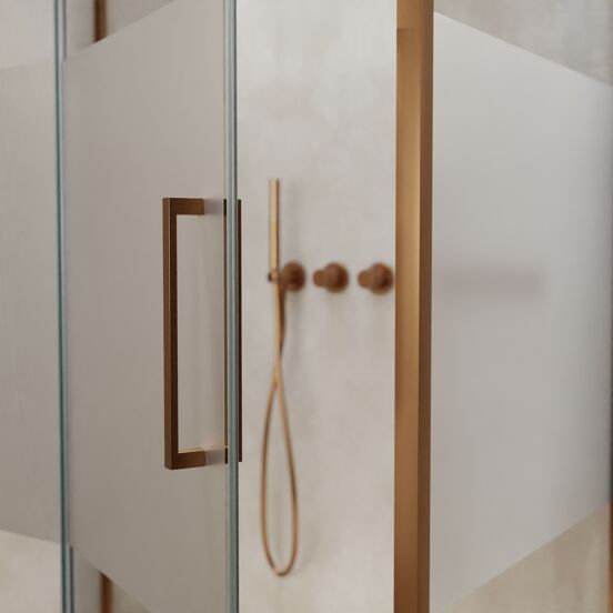 Balmani Senses Design douchehoek met linkse draaideur en vaste zijwand, 100 x 100 cm, Helder glas met matte strook, Brushed Rosegold profielen, met coating