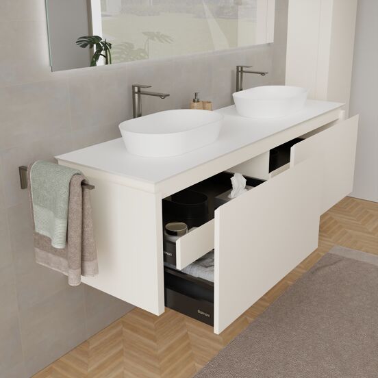 Balmani Eclips meuble salle de bains suspendu 180 x 55 cm Sandbeige avec Eclips tablette simple ou double en Solid Surface blanc mat