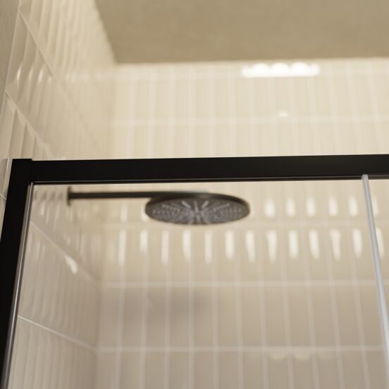 Balmani Senses Design Dusche Schiebetür, Links, 120 cm x 210 cm, Klarglas mit mattiertem Streifen, Profil Schwarz