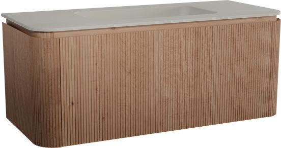Balmani Moon hängendes Möbelstück Set: 130 x 55 cm, Naturbelassene Eiche, mit Moon Einzelwaschtisch, Top Solid, Seidengrau, Vertikale symmetrische gerade Rippe