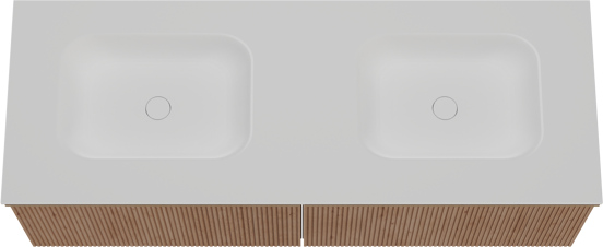 Balmani Forma zwevend badkamermeubel 150 x 55 cm natuur eik met Tablo Arcato dubbele wastafel in solid surface mat wit, Verticale symmetrische rechte ribbel