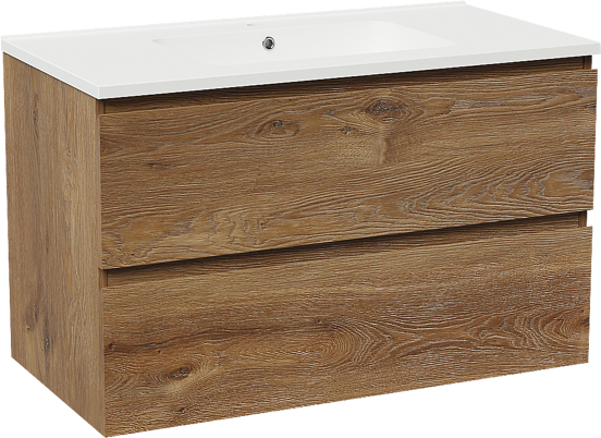 Linie Lado hängendes Möbelstück Set: 90 x 46 cm, Braune Eiche, mit Vano Einzelwaschtisch, Marmorkomposit Weiß matt