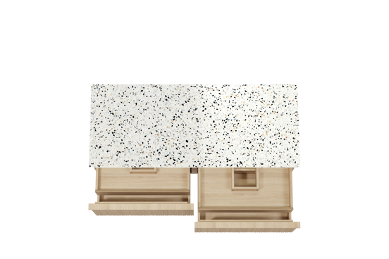 Balmani Forma hängendes Möbelstück Set: 135 x 55 cm, Naturbelassene Eiche, mit Stretto Einzel- oder Doppel Waschtischplatte, Terrazzo in Weiß/Schwarz matt, Vertikale asymmetrische Runde Rippe