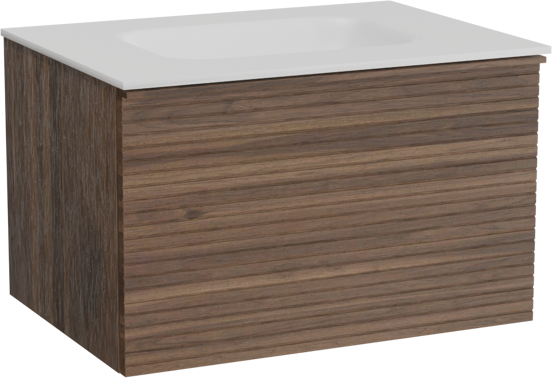 Balmani Forma zwevend badkamermeubel 75 x 55 cm amerikaanse notelaar met Tablo Arcato enkele wastafel in solid surface mat wit, Horizontale symmetrische rechte ribbel