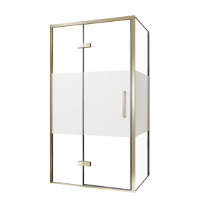 Balmani Senses Design douchehoek met linkse draaideur en vaste zijwand, 100 x 100 cm, Helder glas met matte strook, Brushed Champagne Gold profielen