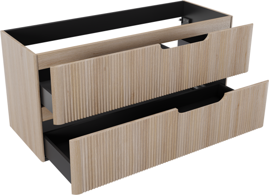 Linie Curvo hängender möbelstück Waschtischunterschränke 120 x 46 cm Eiche Hell 2 Schubladen, Vert. Sym. Rippe