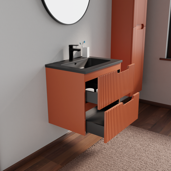 Linie Ribbo zwevend badkamermeubel 60 x 46 cm cotto met Vano enkele wastafel in composietmarmer mat zwart, Verticale symmetrische ronde ribbel