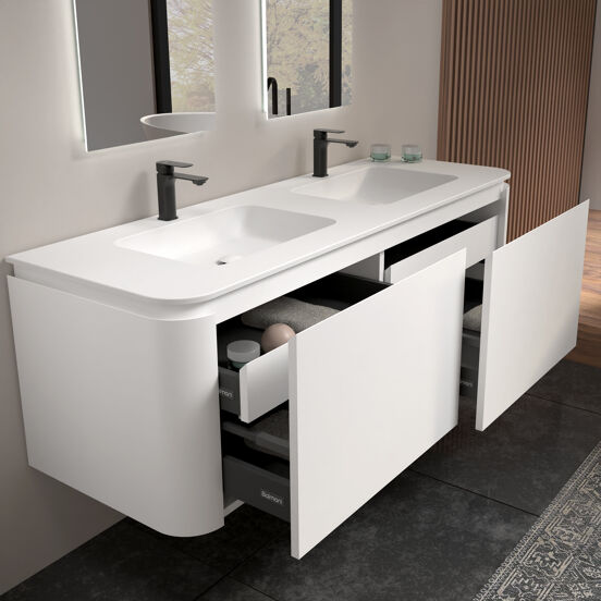 Balmani Moon meuble salle de bains suspendu 160 x 55 cm blanc mat avec Moon double vasque en solid surface blanc mat