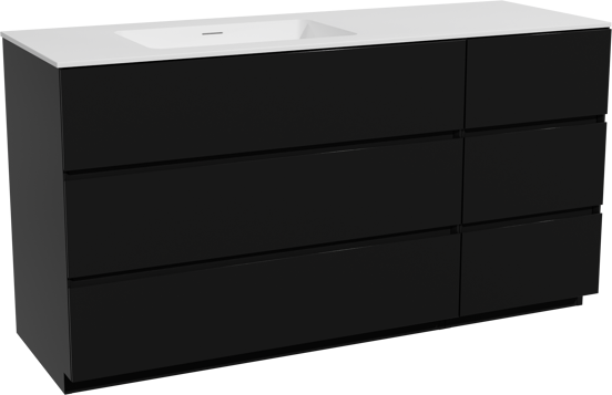 Storke Edge meuble salle de bains à poser 150 x 52 cm noir mat avec Mata plan vasque asymétrique à gauche en solid surface blanc mat