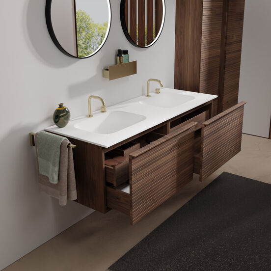Balmani Forma zwevend badkamermeubel 150 x 55 cm amerikaanse notelaar met Tablo Arcato dubbele wastafel in solid surface mat wit, Horizontale symmetrische rechte ribbel