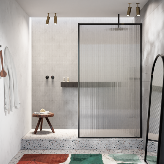 Balmani Framed inloopdouche 140 x 210 cm reliëf glas mat zwart profiel